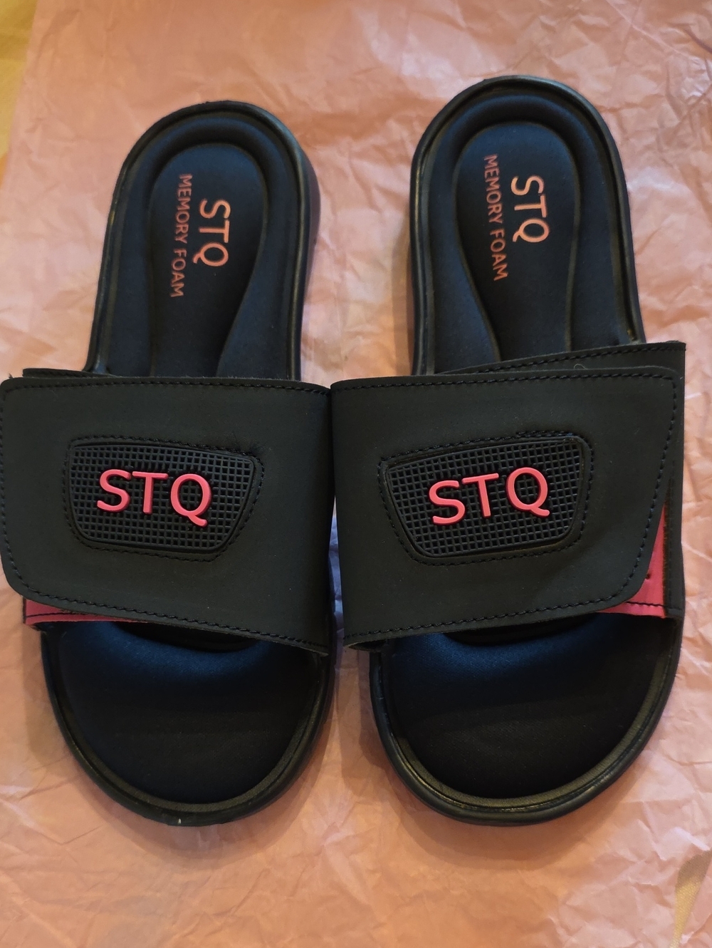 STQ Women's Black Slide Sandals with Pink Accent, New!